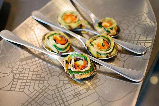 Vegetable twirls, made by Foodish using fresh produce from the Fyshwick Fresh Food Market, on the Griffin Blueprint dish by MAKEOUT design. HerCanberraDinner075.jpg