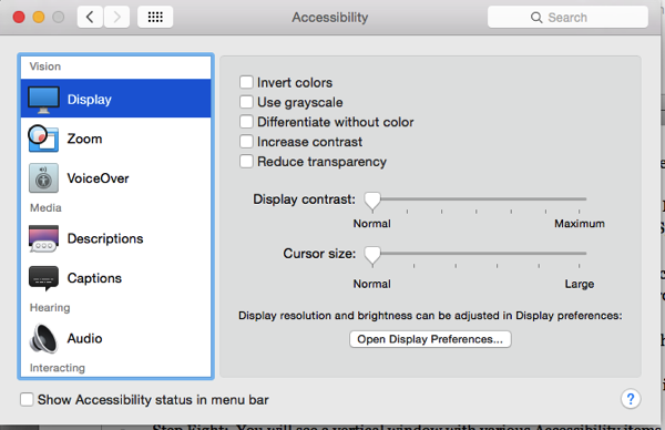 OS X Yosemite Universal Accessibility preference