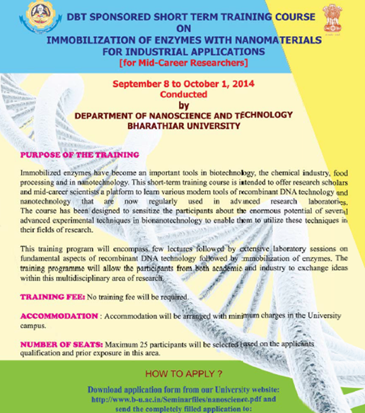 Bharathiar University DBT TRAINING COURSE on Immobilization of Enzymes with Nanomaterials for Industrial Applications | September 8 to October 1, 2014