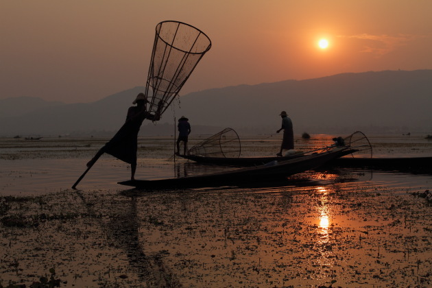 Group of Inle Fishermen during sunset
