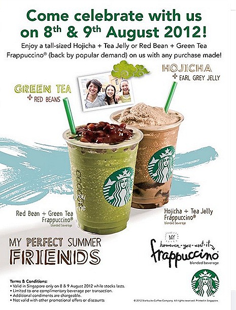 Starbucks FREE OFFER Green Tea Red Bean Frappuccino Hojicha Tea Jelly Earl Grey Singapore National Day Special with any purchase Summer treats drink teatime companion singapore stores
