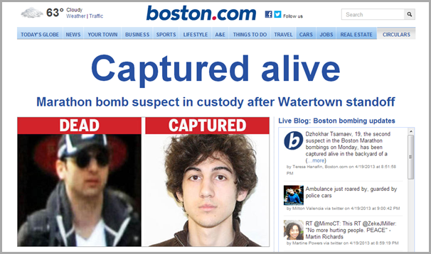 The home page of The Boston Globe site from Friday evening, April 19th 2013.