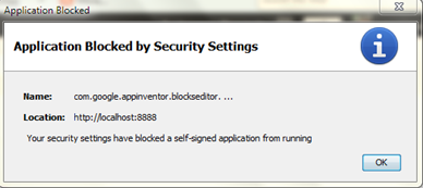 แก้ปัยหา application blocked by security settings