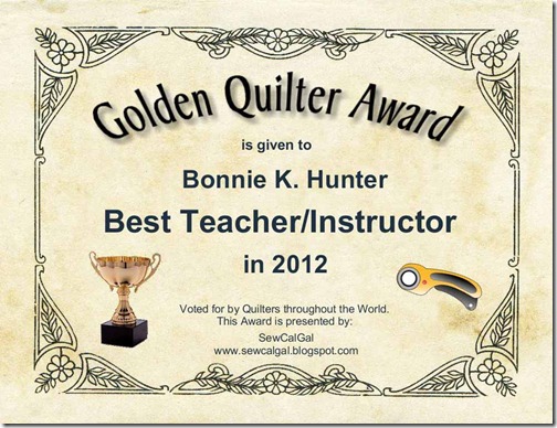 2012 Golden Quilter Awards Certificate-Best Teacher-Instructor
