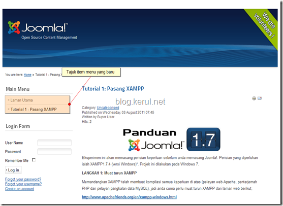 menu Joomla! 1.7 - papar laman web selepas edit menu Laman Utama