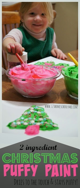 Christmas Puffy Paint Recipe - This DIY recipe for children is AWESOME! It will dry to the touch while still staying puffy; plus it only uses 2 ingredients (homemade fun with shaving cream and food coloring)! Great recipe for play, crafts for kids, kid art, and preschool kids activities. We love to use it as a Christmas crafts for kids Christmas Puffy Paint Recipe - This DIY recipe for children is AWESOME! It will dry to the touch while still staying puffy; plus it only uses 2 ingredients (homemade fun with shaving cream and food coloring)! Great recipe for play, crafts for kids, kid art, and preschool kids activities. We love to use it as a Christmas crafts for kids