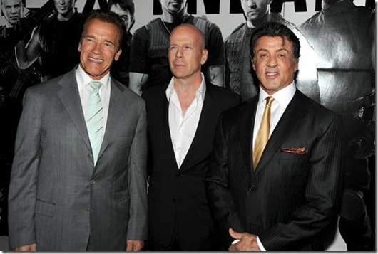 Premiere Of Lionsgate Films' "The Expendables" - Arrivals...HOLLYWOOD - AUGUST 03:  California Governor Arnold Schwarzenegger, actor Bruce Willis and director/writer/actor Sylvester Stallone arrive at the premiere of Lionsgate Films' "The Expendables" at Grauman's Chinese Theatre on August 3, 2010 in Hollywood, California.  (Photo by Kevin Winter/Getty Images)