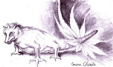 Creatura din vis - Dinozaurul cu coarne si coada ca o floare cu pene desen in creion