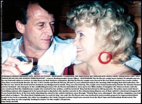 DU PLESSIS Don and Jackie received death threats before they were murdered on their farm Nov22011