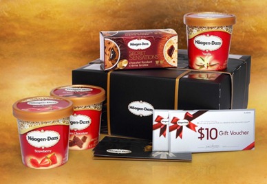 HAAGEN-DAZS ROYAL CELEBRATION  gift set 3 pints ice cream, Secret Sensations twin pack  $20 gift voucher