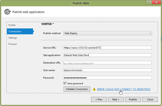 Visual Studio 2012 Publish project with Web Deploy and Validate Connection error