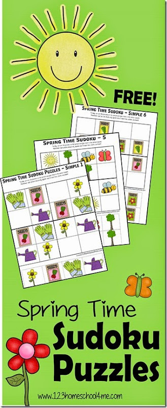 Spring Sudoko Puzzles for Kids - free printable math game for preschool, kindergarten, 1st grade, 2nd grade, and 3rd grade students