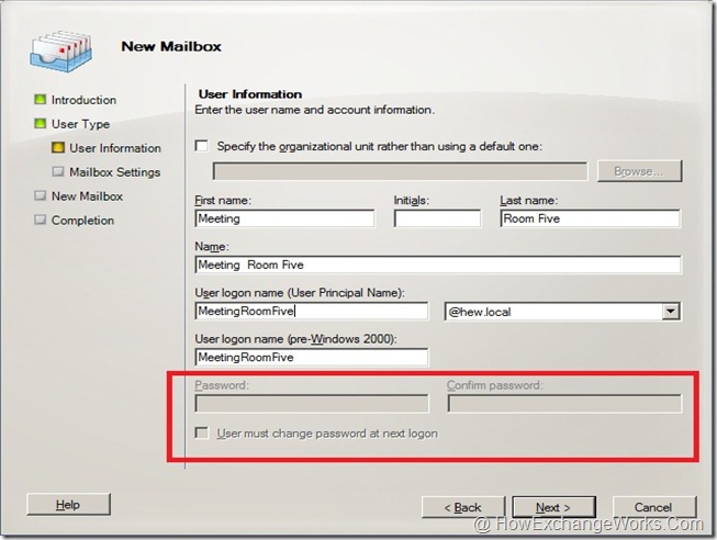 Resource mailbox creation without password in 2010 SP1