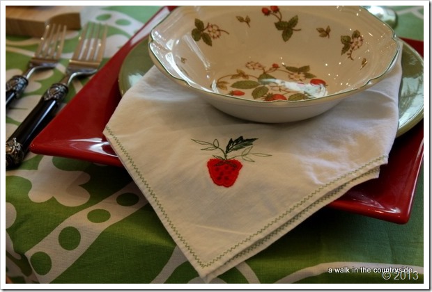 vintage strawberry napkins on table