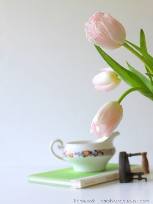 Repurposed Vintage Sifter to Vase with tulips via homework | carolynshomework.com 