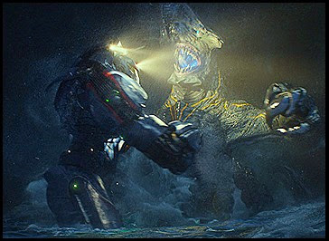 Gipsy Danger battles a titanic category 3 Kaiju Knifehead somewhere in the middle of the sea 