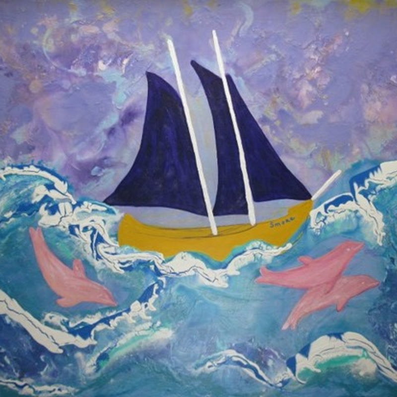Susan Prinz Artist - Whimsical Sail Boat with Dolphins