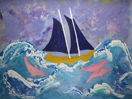 sailboat with dolphins