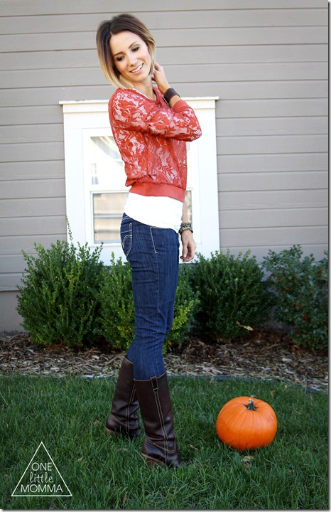 Dress a little festive this Fall in a burnt orange lace top and tall chocolate brown boots.