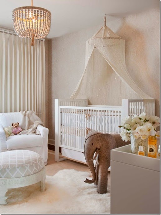 Awesome-Unisex-Baby-Room-Themes-Using-White-Canopy-Over-White-Crib-Combined-With-Pendant-Lamp-Over-White-Armchair-And-Footstool-Also-White-Fur-Rug-And-Curtains