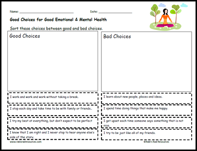 Good and bad choices sort from Raki's Rad Resources - great for mental and emotional health
