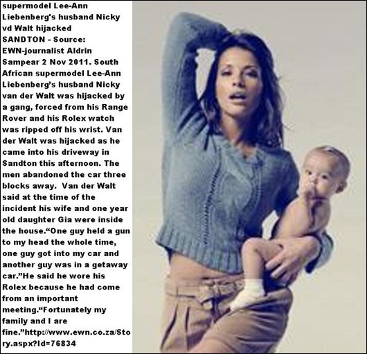 Liebenberg Lee Ann supermodel South Africa with baby girl Gia husband attacked outside their house Nov 2 2011