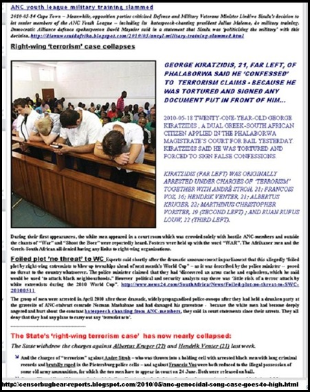 GUN CACHE RIGHT WING TERRORISM CLAIMS BY ANC CASE COLLAPSES AFRIKANERS TORTURED
