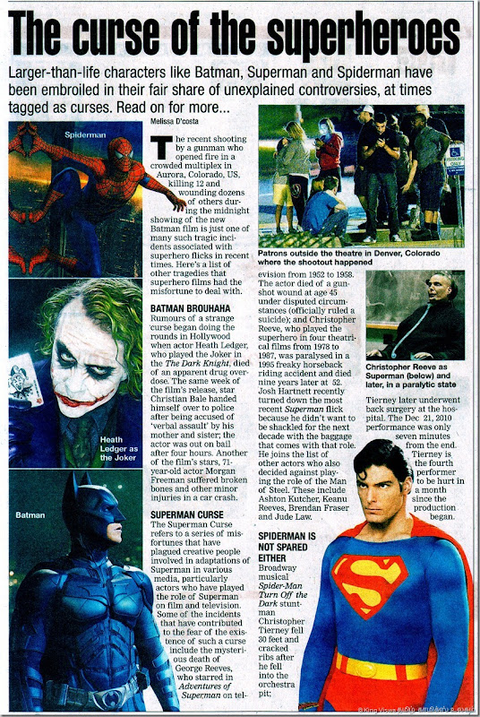 The Times Of India Chennai Edition Chennai Times Page 01 Dated Monday 23rd July 2012 Curse of the Super Heroes Article