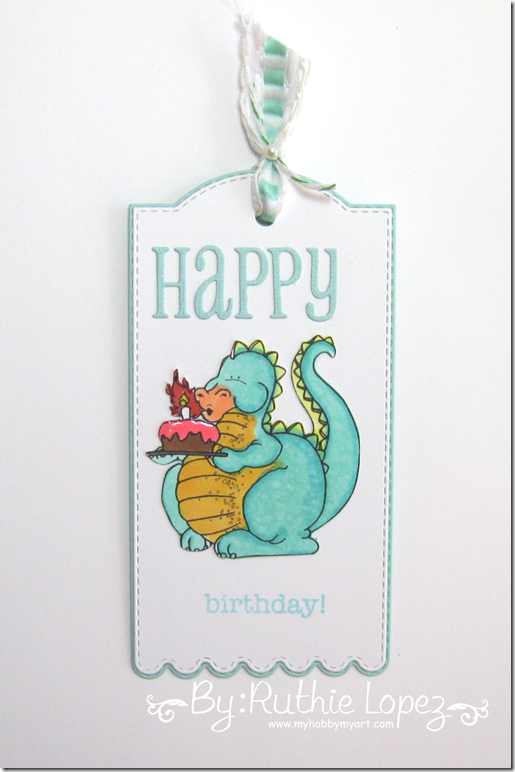 Tag. Happy Birthday.  Dragon Blowing Candles. Eureka Stamps. Ruthie Lopez 2
