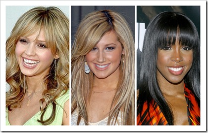    Jessica Alba, Ashley Tisdale, Kelly Rowland Bangs Fringe Hairstyle Oval Face