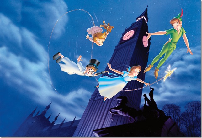 Peter Pan and the Darling children fly by Big Ben