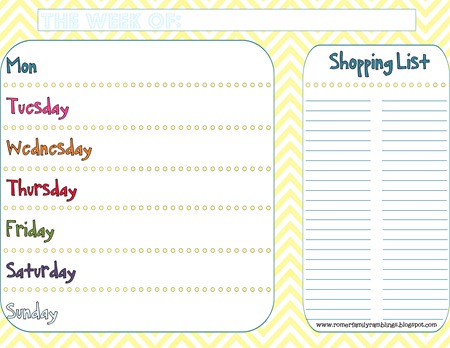 dinner menu planner with shopping list colorful with yellow