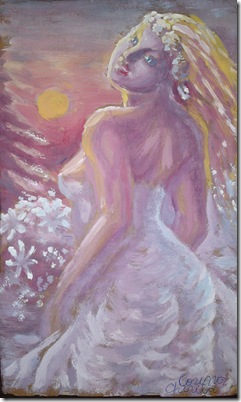 Mireasa in decor de iarna cu apus de soare si brad - Bride painting