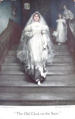 Vintage postcard The old clock on the stairs woman white gown