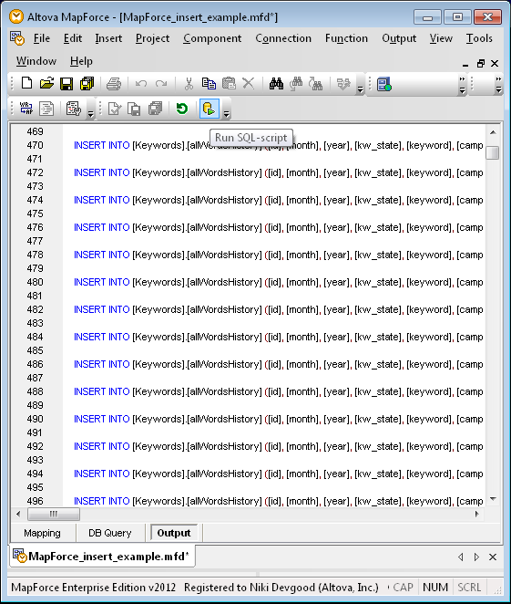 MapForce database insert script