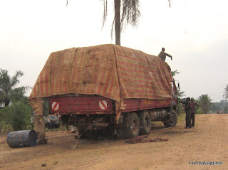 Véhicule transportant du bois coupé illégalement sur l'axe Mambasa-Beni, Ituri, 2006.