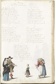 Heer en een dame staand voor een arme moeder en haar kinderen