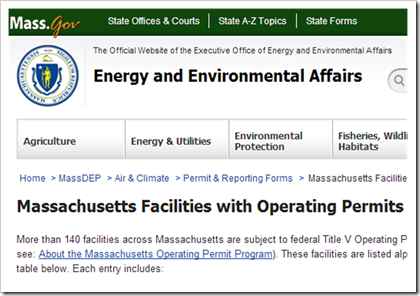 Massachusettes Facilities with operating permits Title V air permits