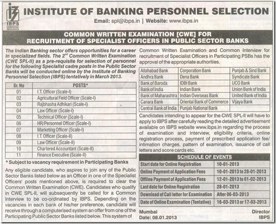 IBPS CWE Specialist Officers Exam 2013 Advertisement