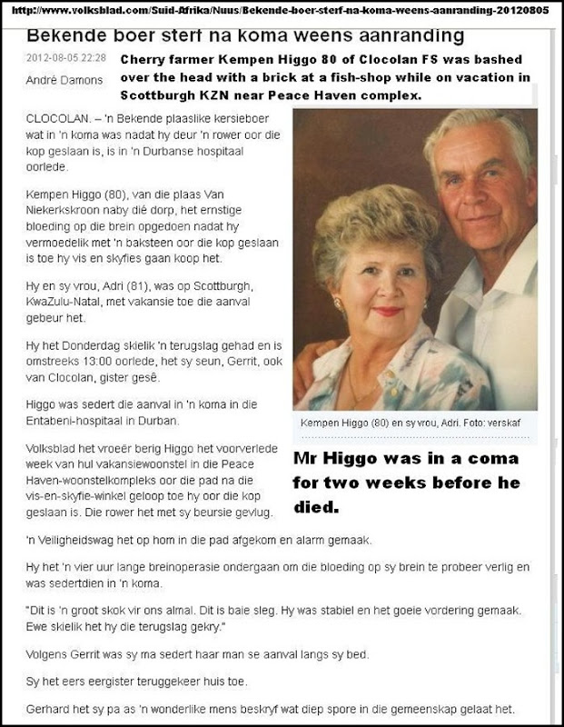 HIGGO Kempen 80 cherry farmer of Clocolan FS bashed to death at Durban fish shop Aug 6 2012