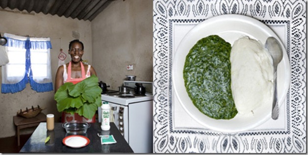Flatar Ncube, 52 years old, Victoria Falls, Zimbabwe. Sadza, white maize flour and pumpkin leaves cooked in peanut butter