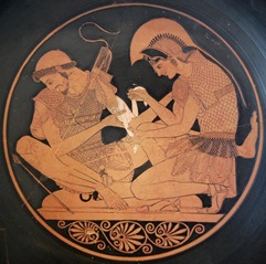 Cerámica ateniense de figuras rojas, Aquiles vendando a Patroclo