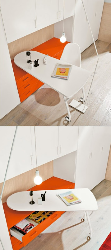 escritorio de ruedas naranja y blanco