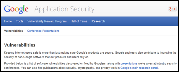 Documento online da Google com informaçoes de vulnerabilidade encontradas
