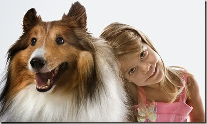 Girl child with Collie dog.