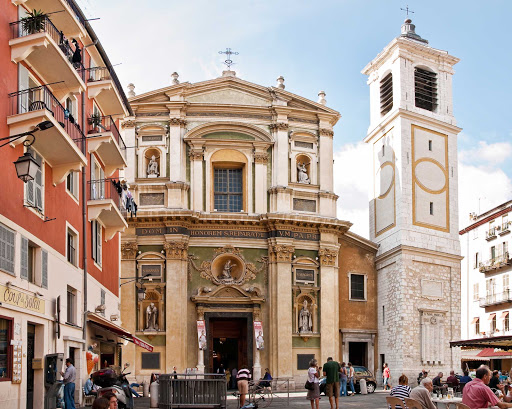 The Basilique-Cathédrale Sainte-Marie et Sainte-Réparate de Nice in Nice, France, is dedicated to the the Assumption of the Virgin Mary and St. Reparata.