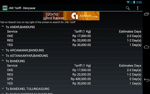 JNE Tariff - Denpasar Screenshots 0