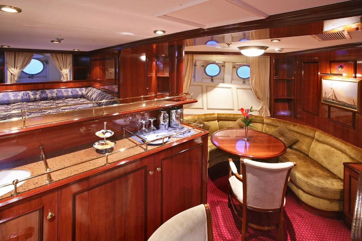Royal-Clipper-stateroom-minibar - Royal Clipper offers guests cabins that feature a spacious living area and mini-bar.