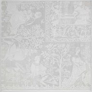 Fragment van een tafellaken van linnendamast, voorstelling: geschiedenis van Susanna; rand met muzikanten en vrouwen, in de hoek het wapen van Egmond-Lannoy