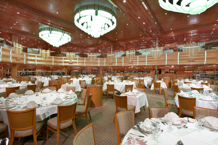 The Southern Lights Restaurant, the larger of Carnival Magic's two main dining rooms,  offers a variety of appetizers and main courses.